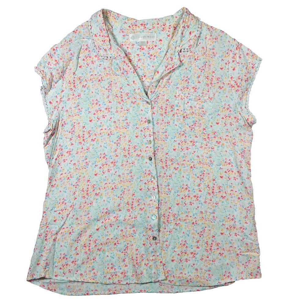 Eileen West Pajama Top Womens Large Multicolor Floral‎ Lace Trim Rayon E5719992